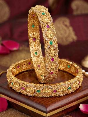 Gold ad floral bangle pink green stone kada 4