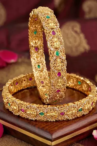 Gold ad floral bangle pink green stone kada