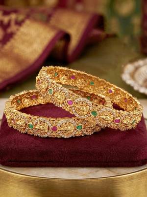 Gold ad floral bangle pink green stone kada 5