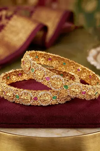 Gold ad floral bangle pink green stone kada