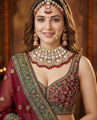 Lucky jewellery traditional kundan maroon jewellery set | bridal style royal ethnic necklace set 2