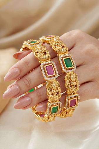Gold laxmi ji ad temple bangle pink green stone