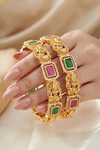 Gold laxmi ji ad temple bangle pink green stone