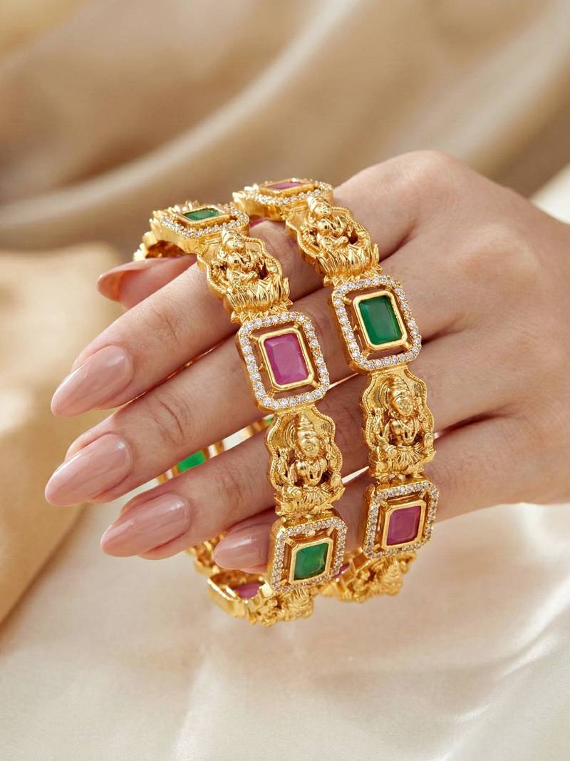 Gold laxmi ji ad temple bangle pink green stone