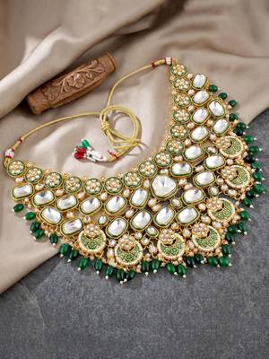 Lucky jewellery gold plated kundan green beads bridal jewellery set traditional designer statement 2