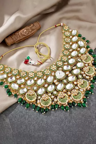 Lucky jewellery gold plated kundan green beads bridal jewellery set traditional designer statement