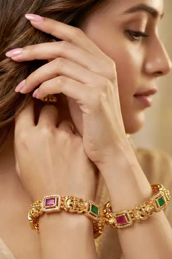 Gold laxmi ji ad temple bangle pink green stone