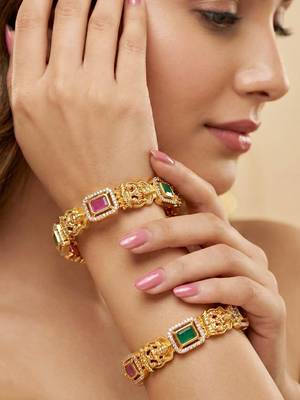 Gold laxmi ji ad temple bangle pink green stone 3