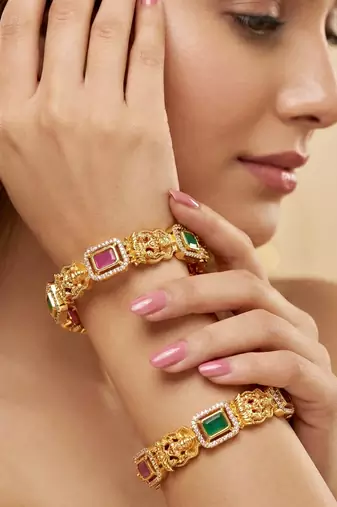 Gold laxmi ji ad temple bangle pink green stone
