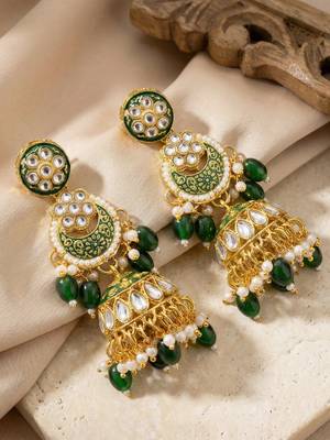 Lucky jewellery gold plated kundan green beads bridal jewellery set traditional designer statement 3