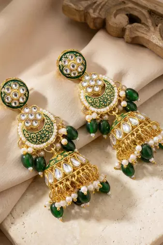 Lucky jewellery gold plated kundan green beads bridal jewellery set traditional designer statement