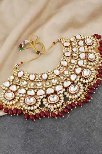 Lucky jewellery traditional kundan maroon jewellery set | bridal style royal ethnic necklace set