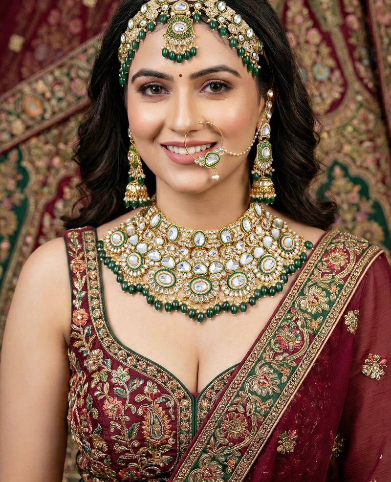 Lucky jewellery traditional kundan green jewellery set | bridal style royal ethnic necklace set