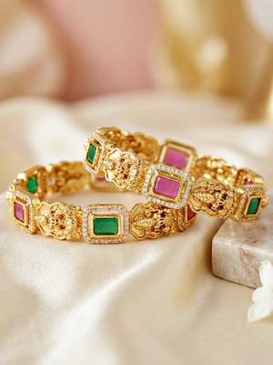 Gold laxmi ji ad temple bangle pink green stone 4