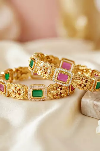 Gold laxmi ji ad temple bangle pink green stone