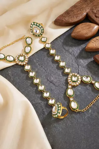 Lucky jewellery gold plated kundan green beads bridal jewellery set traditional designer statement