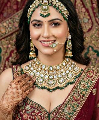Lucky jewellery traditional kundan green jewellery set | bridal style royal ethnic necklace set 2