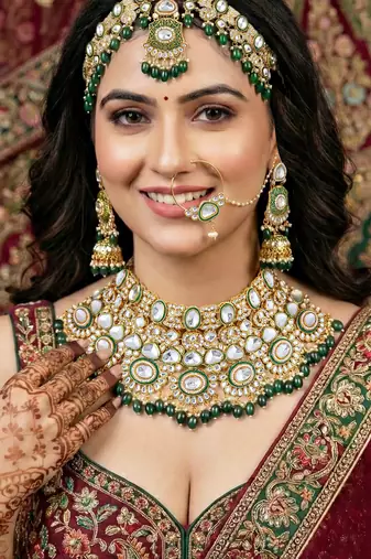 Lucky jewellery traditional kundan green jewellery set | bridal style royal ethnic necklace set