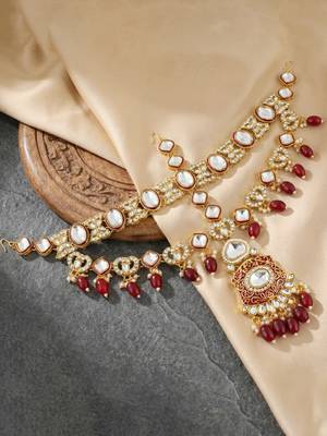 Lucky jewellery traditional kundan maroon jewellery set | bridal style royal ethnic necklace set 5