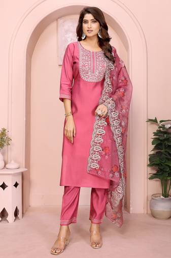 Women rose pink plain roman kurta set