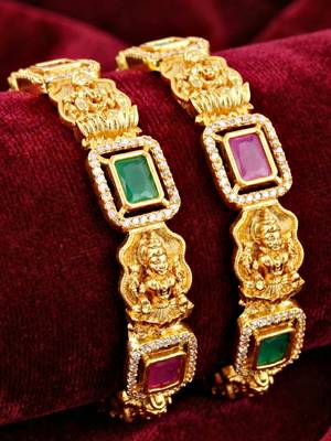 Gold laxmi ji ad temple bangle pink green stone 5