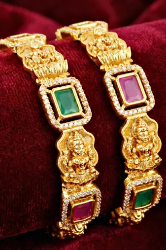 Gold laxmi ji ad temple bangle pink green stone
