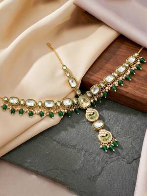 Lucky jewellery gold plated kundan green beads bridal jewellery set traditional designer statement 5