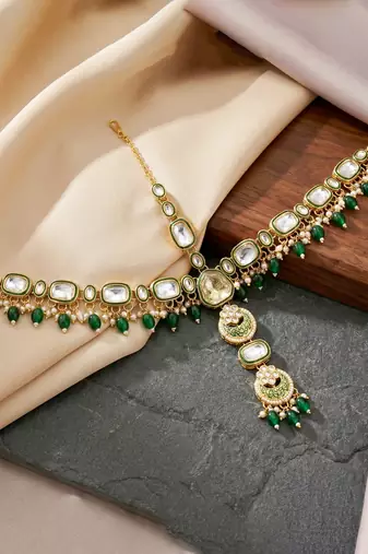 Lucky jewellery gold plated kundan green beads bridal jewellery set traditional designer statement