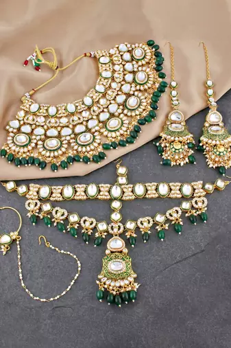 Lucky jewellery traditional kundan green jewellery set | bridal style royal ethnic necklace set
