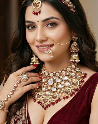 Lucky jewellery gold plated kundan maroon beads bridal jewellery set traditional designer statement 2