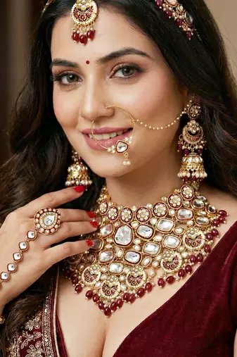 Lucky jewellery gold plated kundan maroon beads bridal jewellery set traditional designer statement