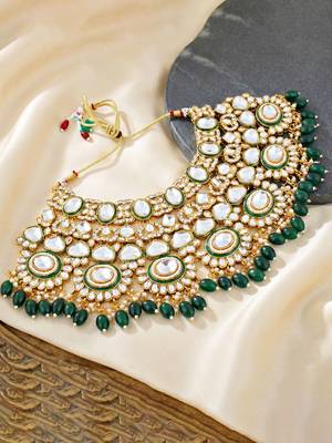 Lucky jewellery traditional kundan green jewellery set | bridal style royal ethnic necklace set 4