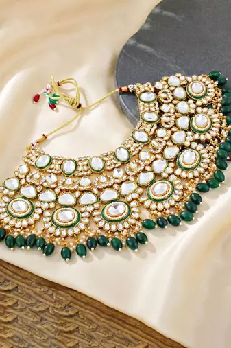 Lucky jewellery traditional kundan green jewellery set | bridal style royal ethnic necklace set