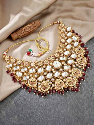 Lucky jewellery gold plated kundan maroon beads bridal jewellery set traditional designer statement 3