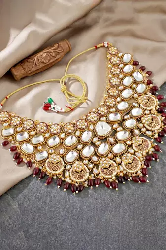 Lucky jewellery gold plated kundan maroon beads bridal jewellery set traditional designer statement