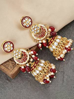 Lucky jewellery gold plated kundan maroon beads bridal jewellery set traditional designer statement 4