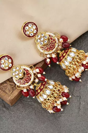 Lucky jewellery gold plated kundan maroon beads bridal jewellery set traditional designer statement