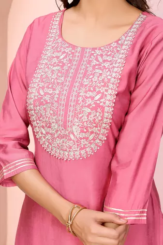 Women rose pink plain roman kurta set