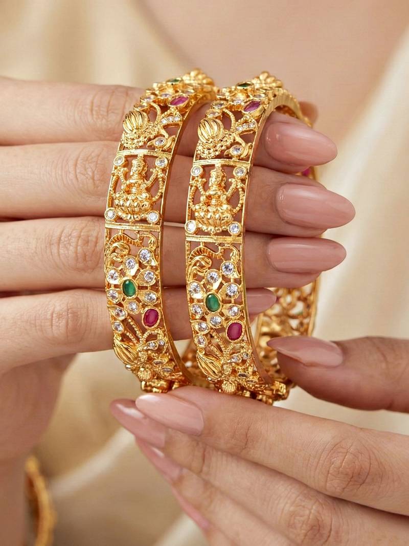 Gold laxmi twist floral bangle ad stone