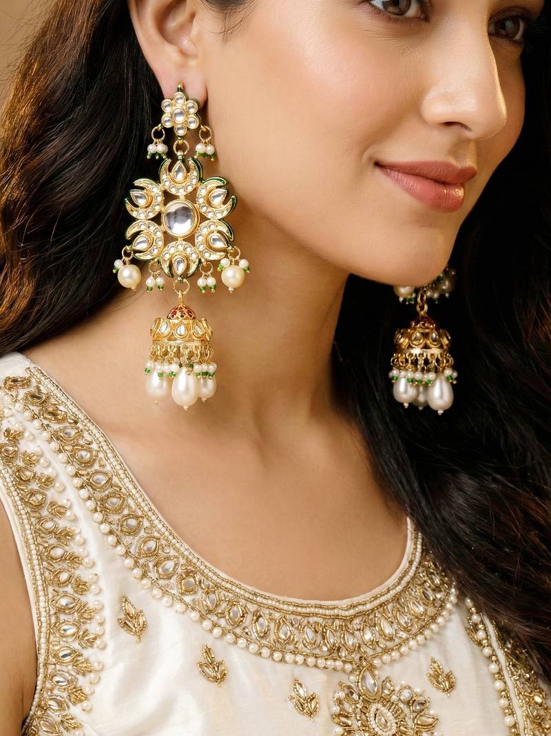 Gold plated navratan necklace set with earrings