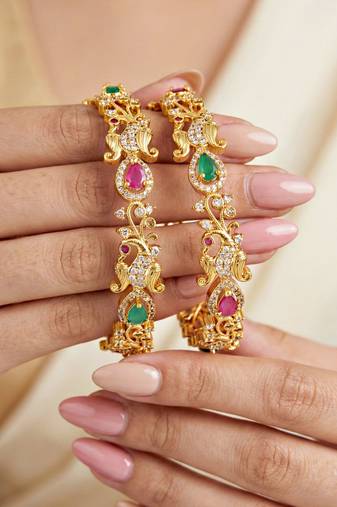 Gold laxmi floral ad bangle pink green