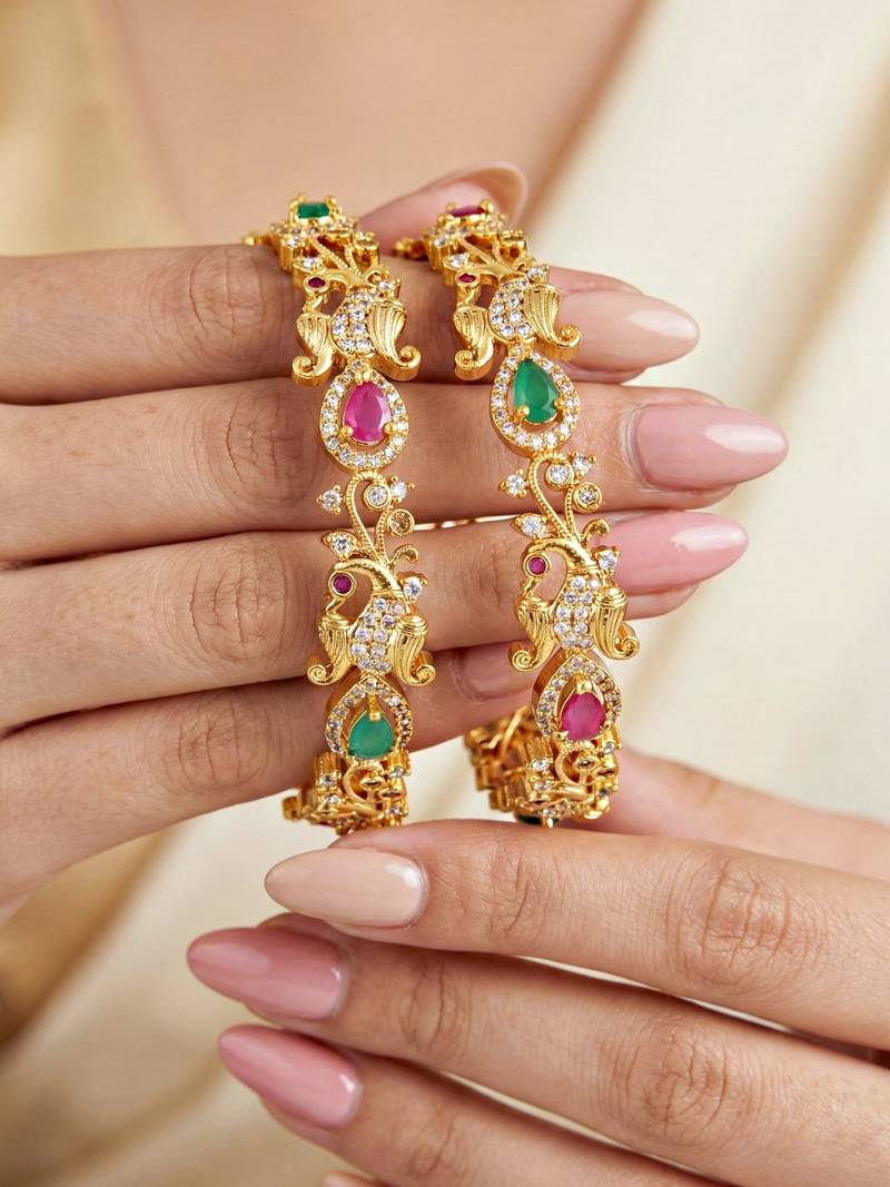 Gold laxmi floral ad bangle pink green