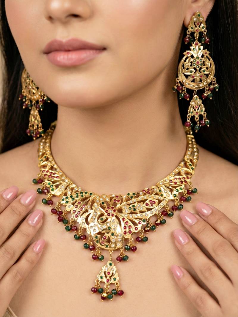 Gold plated navratan bridal jewellery set