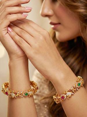 Gold laxmi floral ad bangle pink green 2