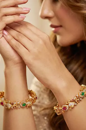 Gold laxmi floral ad bangle pink green