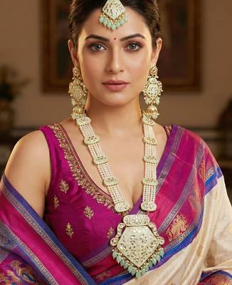 Traditional mint kundan & pearl long necklace set for women 1