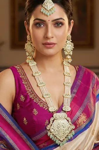 Traditional mint kundan & pearl long necklace set for women