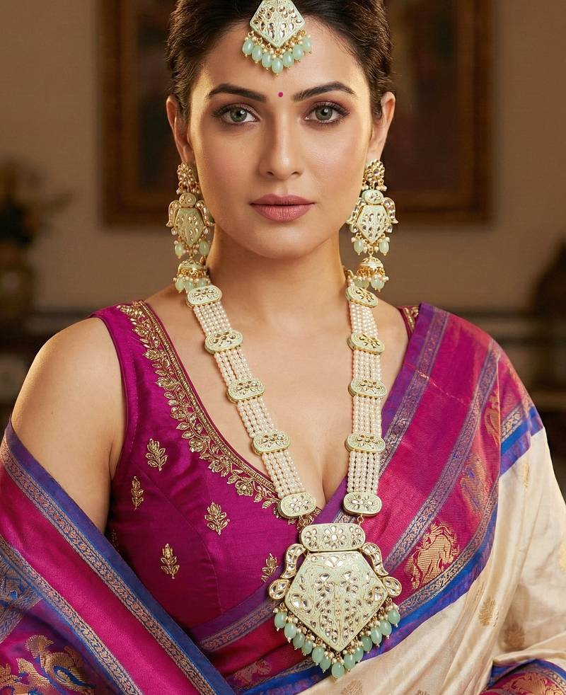 Traditional mint kundan & pearl long necklace set for women