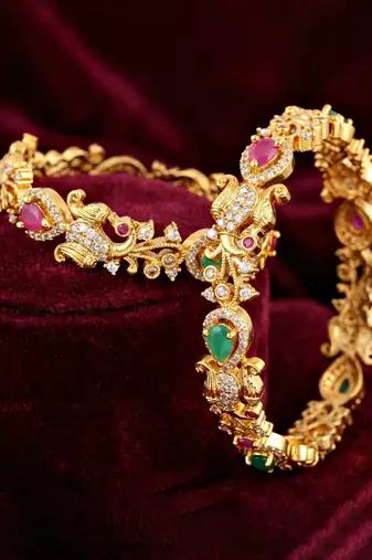Gold laxmi floral ad bangle pink green