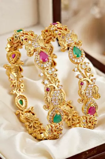 Gold laxmi floral ad bangle pink green